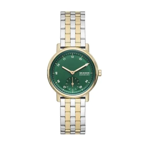 Skagen Kuppel Uhr für Damen - Elegante Quarzarmbanduhr mit Edelstahl- und Lederarmband - Armbanduhren für Damen, 32MM mit 3-Zeiger-Quarzwerk und grünem Zifferblatt, wasserdicht bis 50 m - ideal für stilbewusste Frauen.
