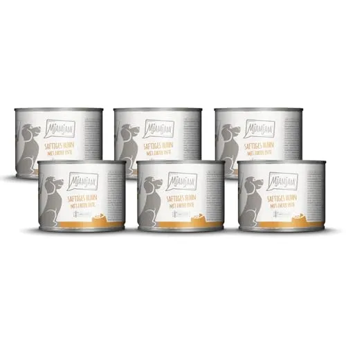 MjAMjAM - Premium Nassfutter für Hunde - saftiges Huhn mit zarter Ente an Möhrchen und gekochter Hirse, 6er Pack (6 x 200 g), naturbelassen mit extra viel Fleisch