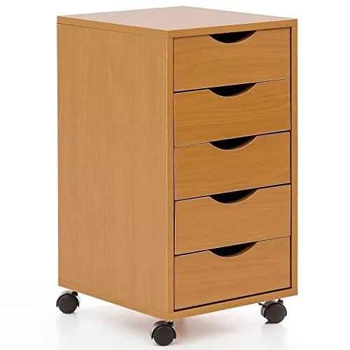 möbelando Rollcontainer WL5.924 33x64x38cm Buche MDF-Holz | Schreibtisch-Container Rollschrank 5 Schubladen | Moderner Schubladencontainer mit Rollen | Standcontainer Bürocontainer Beistellcontainer