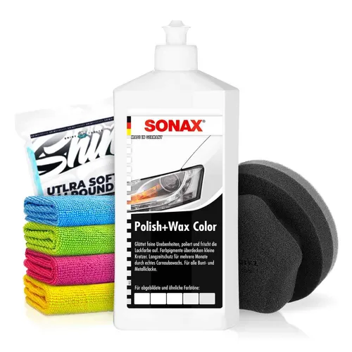 SONAX Polish+Wax Color weiß 500ml - Autopflege & Motorradpflege: Hochwertige Farbpolitur mit Wachs für optimalen Lackschutz und strahlenden Glanz, inklusive Applikator und Mikrofasertuch.