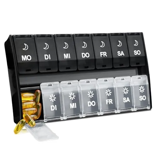 Mossime Tablettenbox 7 Tage Morgens Abends 2 Fächer groß- Pillenbox 14 Tage | Klare, abriebfeste Etiketten, einfaches Öffnen, praktisch & langlebig, für tägl. Gebrauch und Fischöl/Vitamine.