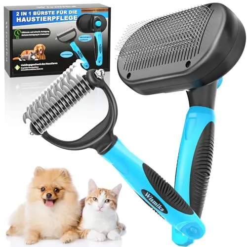 Hundebürste,Katzenbürste, 2-in-1-Bürste für die Haustierpflege,Tierhaarbürste–Unterfellbürste für Hund und Katze, Hundekamm–Fellbürste für Langhaar und Kurzhaar, Selbstreinigende Haustierbürste(Blau)