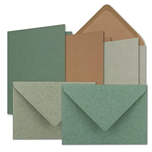 30x Karten-Set DIN B6 - Kraftpapier Braun - Kraftpapier Grau - Kraftpapier Eukalyptus - Faltkarten mit Umschläge - 3 Farben - 12 x 17 cm & Umschläge - 12,5 x 17,5 cm