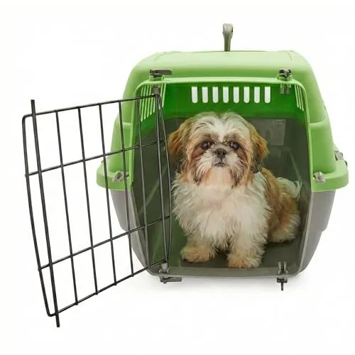 HAPPET Hundetransportbox Doggy S Grün Grau 49x33x30 cm – Stabile Transportbox Hund aus Kunststoff mit Metalltür & Belüftung, sichere Tiertransportbox für kleine Hunde & Katzen