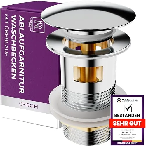 M. ROSENFELD HOME Ablaufgarnitur Waschbecken mit Überlauf Chrom - Ablaufventil Pop Up 1 1/4 Zoll aus Edelstahl & Messing für Waschtisch - PopUp Ventile, Abflussgarnitur Waschbecken, Einfacher Einbau