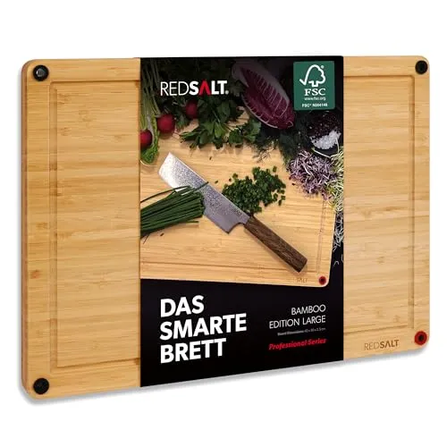 REDSALT® Bio Bambus Holz Schneidebrett - Rutschfest & Beidseitig - Hackbretter aus 100% FSC zertifiziertem Bambus, rutschfest mit Silikonfüßen für sicheres Arbeiten und antibakterieller Oberfläche - perfekt für Küche und Grill.