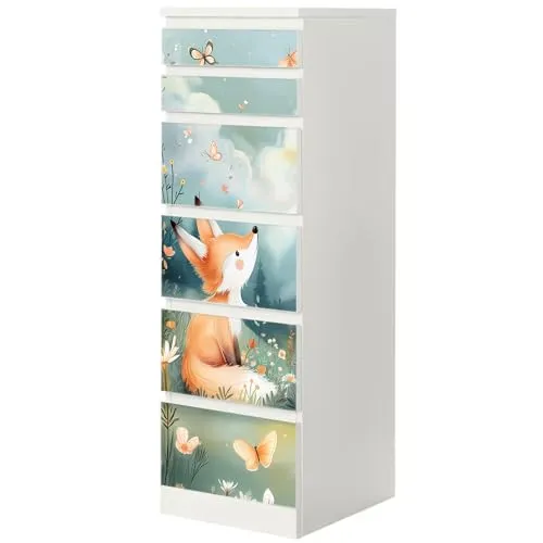Sunnywall® Möbelfolie passend für IKEA Malm Kommode Schrankfolie Aufkleber mit Fuchs auf Wiese Motiv | blasenfrei verkleben | Kinderzimmer 6er 40 cm