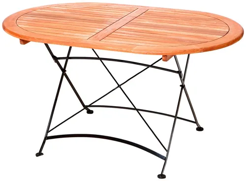 MERXX Tisch Schlossgarten aus Eukalyptus und Stahl, oval, ca. 140x90 cm - Esstisch aus FSC-zertifiziertem Eukalyptus, klappbar und ideal für den Garten – robustes Gestell aus schwarzem Flachstahl.