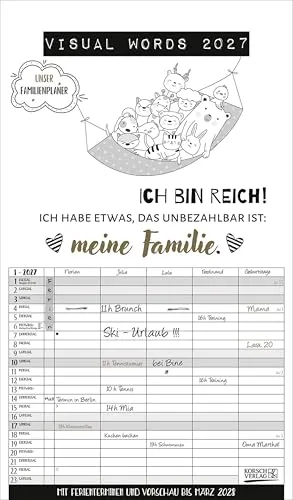 Visual Words Familienplaner 2027: Familientimer mit 5 breiten Spalten. Typo-Art Familienkalender mit Ferienterminen, Zusatzspalte, Vorschau bis März 2027 und vielem mehr.