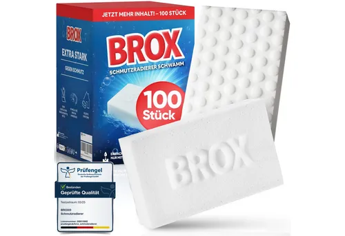BROX Radierschwamm für weiße Wände und Böden – 100 Stück mit verbesserter Schaumstruktur - Der BROX Radierschwamm reinigt mühelos alle Oberflächen ohne Chemie. Mit seiner robusten und langlebigen Struktur entfernt er selbst hartnäckige Flecken kinderleicht. Ideal für den täglichen Einsatz!