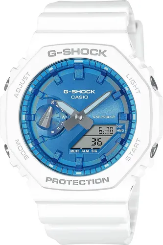 Casio G-Shock GA-2100WS-7AER Armbanduhr - Weiß/Blau - Chronographen mit Doppelbeleuchtung, stoßfest und wasserdicht bis 20 Bar. Ideal für Sportler und Outdoor-Enthusiasten, die eine zuverlässige Zeitmessung benötigen.
