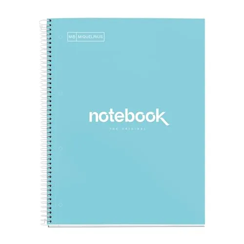 Miquelrius - Notizbuch A4 Notebook, 1 farbiger Streifen, 80 Blatt mit raster 5 x 5 mm, Papier 90 g/m² mikroperforiert mit 4 Bohrungen für 4 Ringe, Einband aus Karton, Farbe Himmelblau