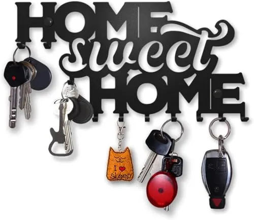 SirHoldeer Schlüsselbrett Modern, Home Sweet Home Schlüsselhaken, Schlüsselhalter Wand, Schlüsselaufhänger mit 10 Haken, Schlüsselboard Schwarz, Key Holder Wall, Wanddeko Flur, Metall Deko
