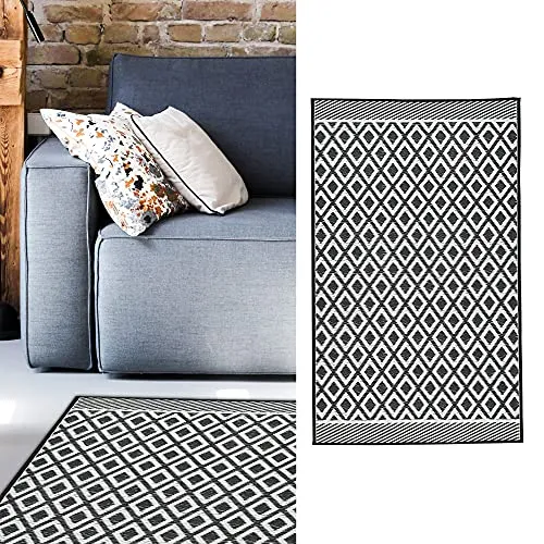 Cepewa Teppich Outdoor 90x150 cm │Kunststoff schwarz-weiß │ Bodenmatte für Außenbereich (1 x Teppich schwarz/weiß)