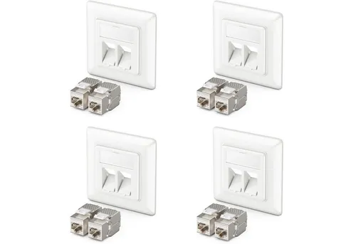 deleyCON 4x Keystone Dose mit 8x CAT 6a Netzwerk-Adapter - Netzwerkadapter für bis zu 10 Gigabit Ethernet, inklusive 8 CAT 6a Keystone Module und Snap-In Technologie für einfache Installation.