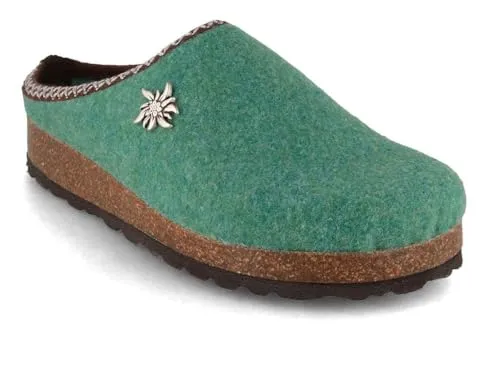 Tuffeln Edelweiß Hausschuhe Damen Filz-Pantoffeln Clogs mit Korkfußbett und Edelweiß Applikation vegan, Grün, Gr. 39