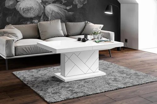 Design Couchtisch HM-333 Weiß Hochglanz, höhenverstellbar & ausziehbar - Moderne Couchtische, vielseitig nutzbar als Esstisch, mit antibakterieller Beschichtung und extrem kratzfester Oberfläche für einfache Pflege und Hygiene.