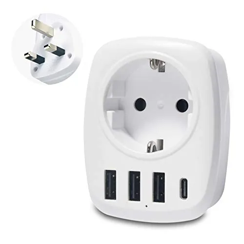 Unidapt Reiseadapter UK Adapter England Deutschland Stecker mit 3USB, 1 Typ C,AC Steckdosenadapter Reisestecker Stromadapter Schuko auf Typ G Großbritannien Irland Wand Ladegerät Ladestation Steckdose