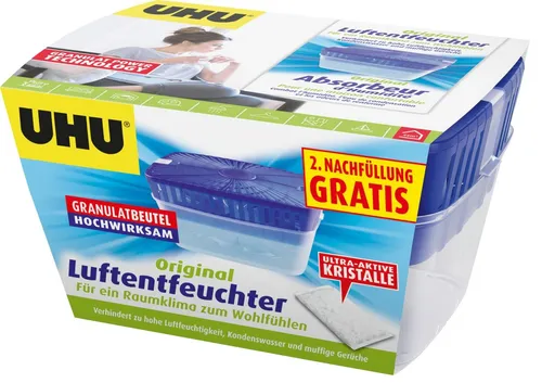 UHU Luftentfeuchter Original mit gratis Nachfüllbeutel - Luftentfeuchter für optimale Feuchtigkeitskontrolle, inklusive 1000 g Nachfüllbeutel für langfristige Nutzung und Schutz vor Schimmel.