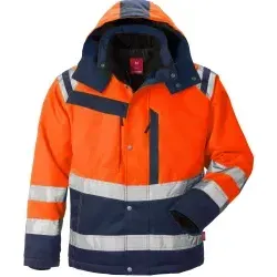 Fristads Kansas Winter Warn-Schutzjacke | Größe: 54/56 (L) | Orange/Marine - Arbeitskleidung & Uniformen - Hochsichtbare, vollständig gefütterte Jacke mit Fleece-Kragen, ideal für kalte Arbeitsbedingungen und höchste Sicherheitsstandards.