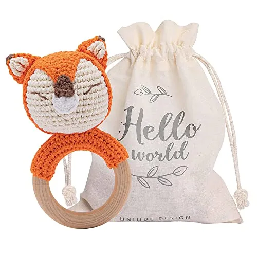 Youuys Babyrassel Gehäkelte Holz Häkeln Tiere Greifling Baby Holz Rassel mit Sound Handmade Rassel für Neugeborenes Baby Geschenk Junge und Mädchen Geschenk zur Geburt (Fuchs)