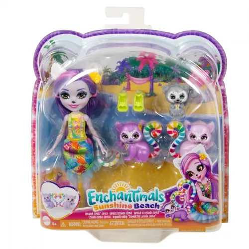 Mattel HRX86 - Enchantimals - Sunshine Beach - Puppe mit Zubehör und Tierfreund, Lorinda Lemur Familie