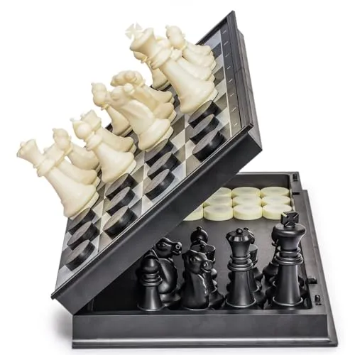 Yellow Mountain Imports Großes Magnetisches 2-in-1 Reiseschach- & Dame-Spiele-Set - 36 Zentimeter