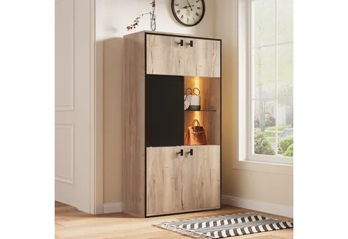 REDOM Kleiderschrank mit LED-Beleuchtung und schwarzem Gestell - Moderner Mehrzweckschrank mit sanfter LED-Beleuchtung, vielseitigen Ablageflächen und robustem Design. Ideal für Büro und Wohnräume – sorgt für Ordnung und stilvolle Präsentation.