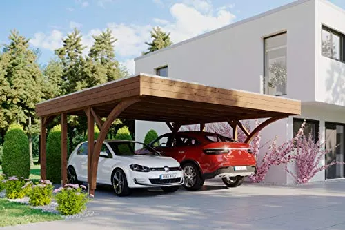 Doppelcarport SKAN HOLZ Friesland mit 2 Einfahrtsbögen - Carport aus Holz mit Flachdach, ideal für den Schutz von zwei Fahrzeugen, inklusive stabilen Pfostenankern für maximale Sicherheit.