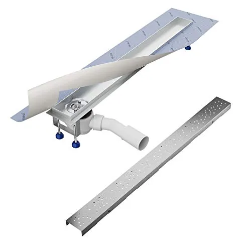 Aquabad Duschrinne SDS Pro 70 cm, gebürtseter Edelstahl inkl. Haarsieb, Abgang seitlich waagerecht, Blende REGEN, linearer Bodenablauf, Komplettset