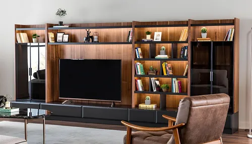 Moderne Wohnwand aus Holz in Braun - Stylische Wohnwand für das Wohnzimmer, gefertigt aus hochwertigem Holzfurnier. Mit 6 Schubladen und 4 Türen bietet sie viel Stauraum und setzt Ihre TV-Ecke perfekt in Szene.