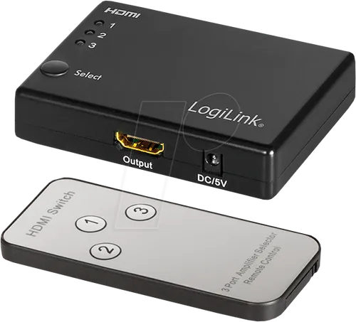 LogiLink Full HD Small HDMI Switch 3-fach schwarz - Automatisches Umschalten zwischen 3 HDMI-Geräten, unterstützt Full HD 1080p und 3D, inklusive Fernbedienung
