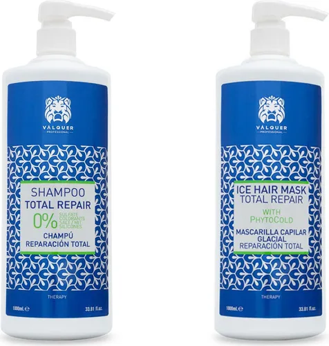 Valquer Total Repair Zero Shampoo- und Maskenpackung - KOMPLETTES REPARATURPAKET mit 1 L Shampoo und 975 ml Maske. Intensive Feuchtigkeitsversorgung mit grünem Kaviar für geschädigtes Haar. Sulfatfrei, silikonfrei und ideal für den täglichen Gebrauch.