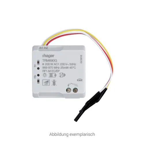 Hager TRM690G 1fach/Binäreingang 2fach 230V 4A 2Draht - KNX-Funk Elektronik-Schaltaktor für Unterputzinstallation, bietet flexible Szenensteuerung und einfache Konfiguration ohne Werkzeug.