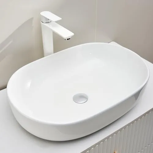 Schwänlein Waschbecken Oval aus hochwertiger Sanitär-Keramik 60 x 40 x15 cm Aufsatzwaschbecken für Badezimmer und Gäste-WC Handwaschbecken ohne Hahnloch und Überlauf weiß (Weiß, 60 x 40 x 15 cm)