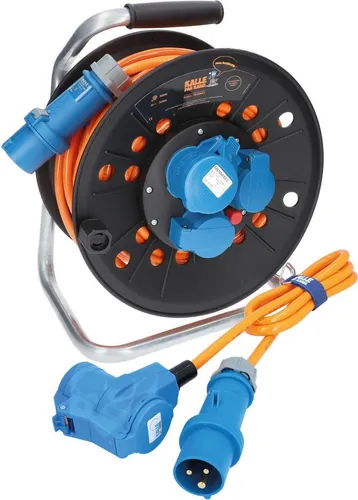 Kalle Campingkabeltrommel CEE 230V 16A 2,5mm² Extreme Signal Orange IP44 25 Meter im Set mit Anschlussleitung Winkel 1,5 Meter