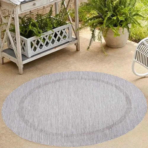 Carpetsale24 Outdoor Teppich Rund 200 cm Silber Bordüre Design Flachgewebe Wetterfest Waschbar Groß für Wohnzimmer Esszimmer Terrasse Garten