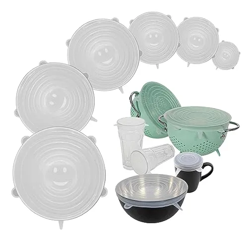 6er Set Universal Silikondeckel rund - 6,5 cm bis 20,5 cm - Dehnbare Frischhalte Deckel - Stretch Silikon Abdeckung verschiedene Gößen spülmaschinengeeignet wiederverwenbar