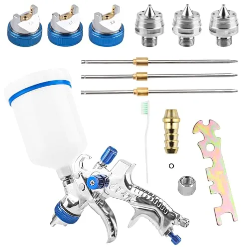 HVLP Farbspritzpistole, Kompressor-Farbspritzpistole für Wände und Decken, Wandfarbpistole mit 3 Düsen 1,4/1,7/2,0 mm und 600 cc Becher