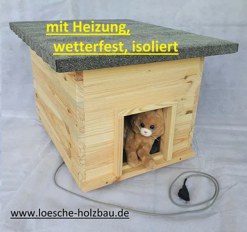 Lösche Holzbau Katzenhaus lang mit Heizung Katzenhütte Wurfkiste wetterfest isoliert beheizt