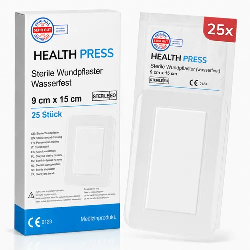 Health Press Wundpflaster steril wasserfest – 25 St 9x15 cm – großes Duschpflaster für Wunden