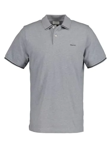 Gant Herren Tipping SS Pique Rugger Polohemd, Grey Melange, M - Poloshirt für Herren mit normaler Passform, Flachstrickkragen und stylishen Randstreifen an Ärmelenden und Kragen für einen sportlichen Look.