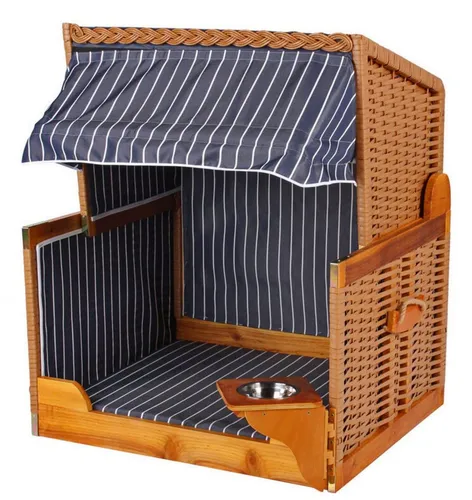 bene living Haustierstrandkorb Hundestrandkorb - gestreift/blau - Hundestrandkorb aus robustem Holz mit verstellbarer Sonnenmarkise, inklusive schwenkbarem Trink-/Fressnapf und Schutzhülle - ideal für entspannte Tage am Strand.