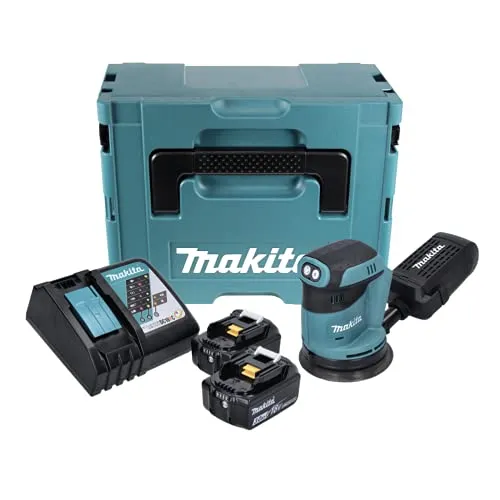 Makita DBO180RFJ Exzenterschleifer, 18 V LXT (2 x 3,0 Ah) - Schleifmaschinen – leistungsstarker Akku-Exzenterschleifer für kabelloses Arbeiten, ideal für präzise Schleifergebnisse und vielseitige Anwendungen.
