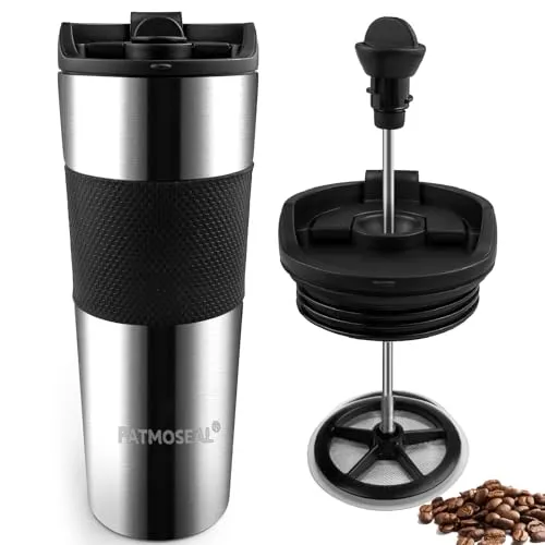 patmoseal Isolierter French Press Reisebecher – Auslaufsicherer Kaffeebereiter für unterwegs, 450 ml (Silber)