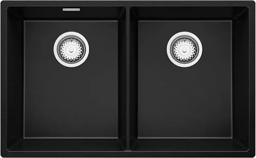 PRIMAGRAN Spülbecken Schwarz 76x47cm, Granitspüle 2 Becken + Ablauf-Set, Küchenspüle ab 80er Unterschrank - London Slim Twin S001