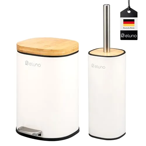eluno Badaccessoire-Set FRAMURA 2tlg. aus Metall und Bambus - Stilvolles Badezimmer Zubehör Set mit elegantem Kosmetikeimer und WC-Garnitur. Der kompakte 5-Liter Eimer mit Soft-Close-Funktion und hygienischem Inneneimer sorgt für Ordnung und modernes Design.