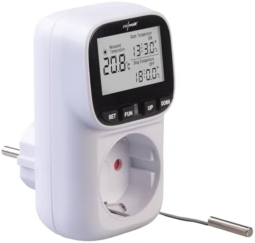 revolt Temperatur Regler: Digitales Steckdosen-Thermostat für Heiz & Klimageräte - Thermostat mit externem Sensorkabel für präzise Temperaturmessung von -40 °C bis 120 °C. Ideal für effiziente Heiz- und Kühlsteuerung in jedem Raum.