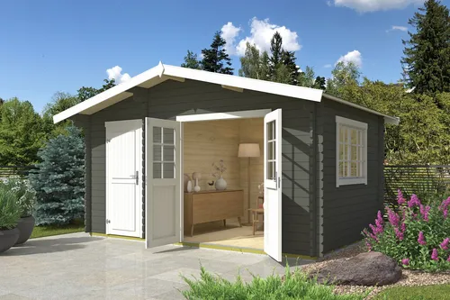 Gartenhaus Outdoor Life Keila mit Fußboden – 475,9 x 350 cm - Robustes Gartenhaus mit Satteldach in graugrün, ideal für Gartenutensilien und gemütliche Stunden im Freien. Aus hochwertigem Holz gefertigt.
