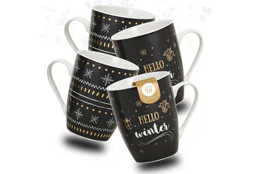 matches21 HOME & HOBBY Tasse Moderne Weihnachtstassen 48 Stk. Karton goldfarben schwarz mit Spruch, 48-tlg., Porzellan, Edle 300 ml Porzellan Kaffee-Tassen schöne Weihnachtsmotive